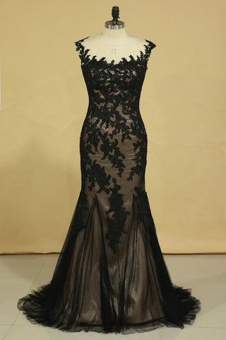 Black Mermaid Bateau With Applique Tulle Dark Navy Sweep Train Evening Dresses