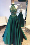 Halter Beaded Bodice A Line Satin Sweep Train Prom Dresses