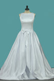 Scoop Satin A Line Wedding Dresses With Bow Knot Sweep Train