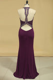 Scoop Open Back Beaded Bodice Dark Royal Blue Prom Dresses Sheath Spandex Sweep Train