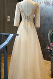 Scoop 3/4 Length Sleeves A Line Tulle With Applique Prom Dresses