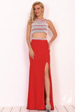 Two-Piece Scoop Prom Dresses Spandex With Beads And Slit