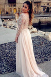 Long Sleeve Fashion Chiffon Long Scoop Pink A-Line Beads Custom Sexy Prom Dresses JS979