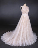 Puffy Lace Off White Wedding Dresses, Elegant A Line Backless Bridal Dresses SJS15311