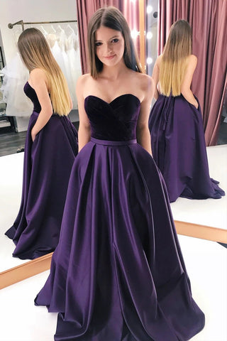 A Line Purple Satin Sweetheart Long Prom Dresses With Pockets, Strapless Evening Dresses SJS15015