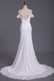 A Line Straps With Beads And Ruffles Wedding Dresses Chiffon Court Train Detachable