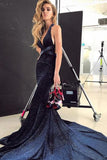 Sexy Mermaid Deep V Neck Velvet Dark Navy Long Prom Dresses, Sparkly Evening Dresses SJS15529