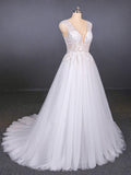 A Line Straps V Neck Lace Appliques Tulle Wedding Dresses Long Wedding Gowns SJS15034