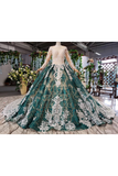 Green Long Sleeves Ball Gown Lace Prom Dress With Appliques, Long Prom Gown