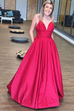 Simple A Line Spaghetti Straps V Neck Prom Dresses with Pockets, Backless Long Dance Dress SJS15384