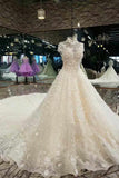 Marvelous High Neck Wedding Dresses A Line With Crystals Royal Train Tulle High Quality