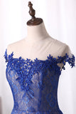 Dark Royal Blue Evening Dress Scoop Cap Sleeves See-Through Lace With Applique A Line