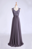 V-Neck A Line Bridesmaid Dresses Floor Length Lace & Chiffon