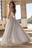 Spaghetti Straps Beaded Bodice Prom Dresses A Line Tulle Sweep Train