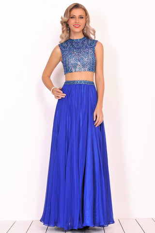 Two-Piece High Neck Beaded Bodice A Line Chiffon Prom Dresses