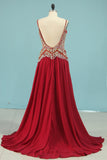 Spaghetti Straps Prom Dresses A Line With Beads And Slit Chiffon