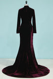 Mermaid High Neck Long Sleeves Velvet Sweep Train Prom Dresses