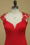 Red Straps Open Back Sheath Prom Dresses Spandex With Applique Open Back