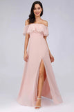 Charming Off Shoulder Ruffle Pink Chiffon Long Prom Dresses Bridesmaid Dresses SJS15114