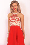 Chiffon Scoop Prom Dresses A Line With Beads&Rhinestones Chiffon Floor Length