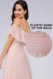 Charming Off Shoulder Ruffle Pink Chiffon Long Prom Dresses Bridesmaid Dresses SJS15114