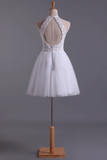 White Halter Homecoming Dresses A-Line Tulle Short/Mini Beaded Bodice