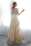 Charming A Line Floral Scoop Prom Dresses 3/4 Sleeves Empire Waist Long Evening Gowns SJS15088