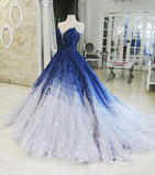 Ombre Ball Gown Royal Blue Prom Dresses With Appliques, Long V Neck Quinceanera Dresses SJS15275