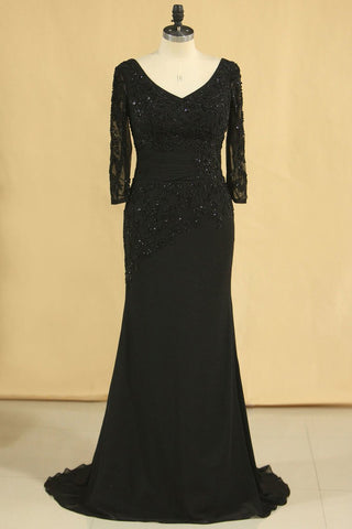 Black Mother Of The Bride Dresses V Neck Chiffon With Beads 3/4 Length Sleeve