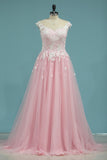 Prom Dresses A Line Scoop With Applique Tulle Sweep Train