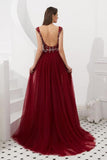 V Neck Sleeveless Tulle Long Prom Dress With Beads Crystal