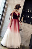 A Line Spaghetti Straps Ombre Long Tulle Prom Dresses, Burgundy V Neck Evening Dress SJS15029