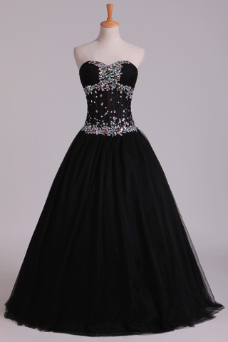 Prom Dresses Ball Gown Black Sweetheart Tulle With Rhinestone Floor Length