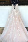 Princess Spaghetti Straps A Line Appliques Tulle Lace up Pink Prom Dresses SJS15305