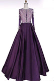 Long Sleeves Scoop Beaded Bodice Taffeta A Line Prom Dresses