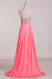 A Line Prom Dresses Sweetheart Beaded Bodice Chiffon Sweep Train