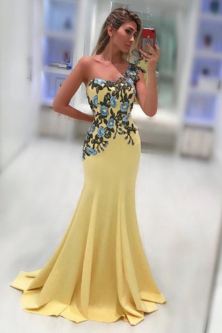 One Shoulder Mermaid Spandex Prom Dresses With Applique Sweep Train