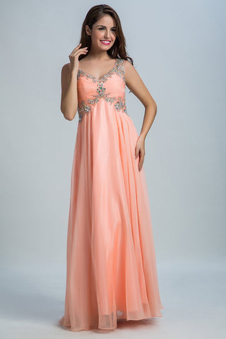 Chiffon V Neck A Line Prom Dresses With Beads And Ruffles