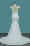 Bateau Short Sleeves Wedding Dresses Open Back Spandex With Beading