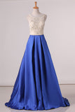 Scoop Beaded Bodice A Line Prom Dresses Satin Sweep Train