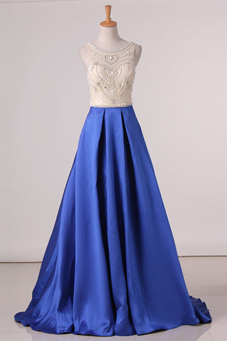 Scoop Beaded Bodice A Line Prom Dresses Satin Sweep Train