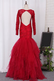 Prom Dresses Mermaid Boat Neck Full Sleeves Floor-Length Tulle And Lacce