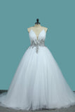 A Line Spaghetti Straps Wedding Dresses Tulle With Beads Open Back