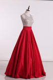 Open Back Scoop Beaded Bodice Prom Dresses A Line Satin