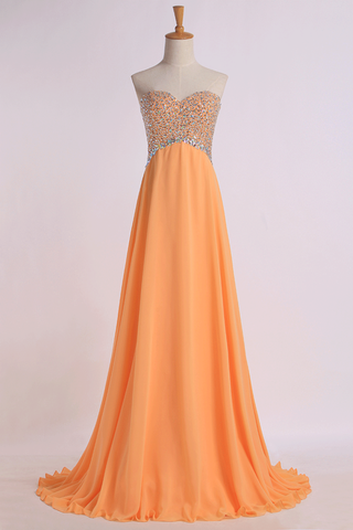 Prom Dresses Sweetheart A Line Sweep Train Chiffon With Beads