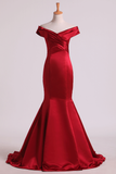 Prom Dresses Off The Shoulder Satin Mermaid Burgundy/Maroon Sweep Train