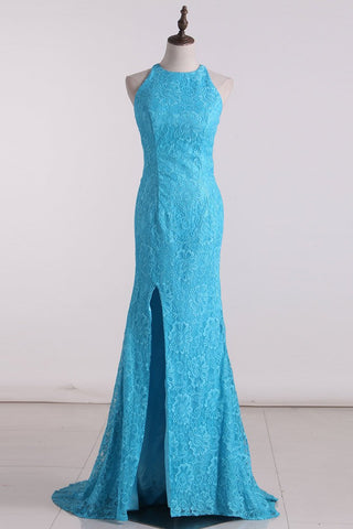 Prom Dresses Scoop Open Back Sheath Sweep Train Lace