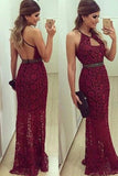 Hot Sheath Halter Open Back Lace Prom Dresses Zipper Up