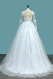 A Line V Neck Long Sleeves Wedding Dresses Tulle With Applique