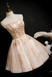 Champagne Strapless Sequins Tulle Short Homecoming Dresses